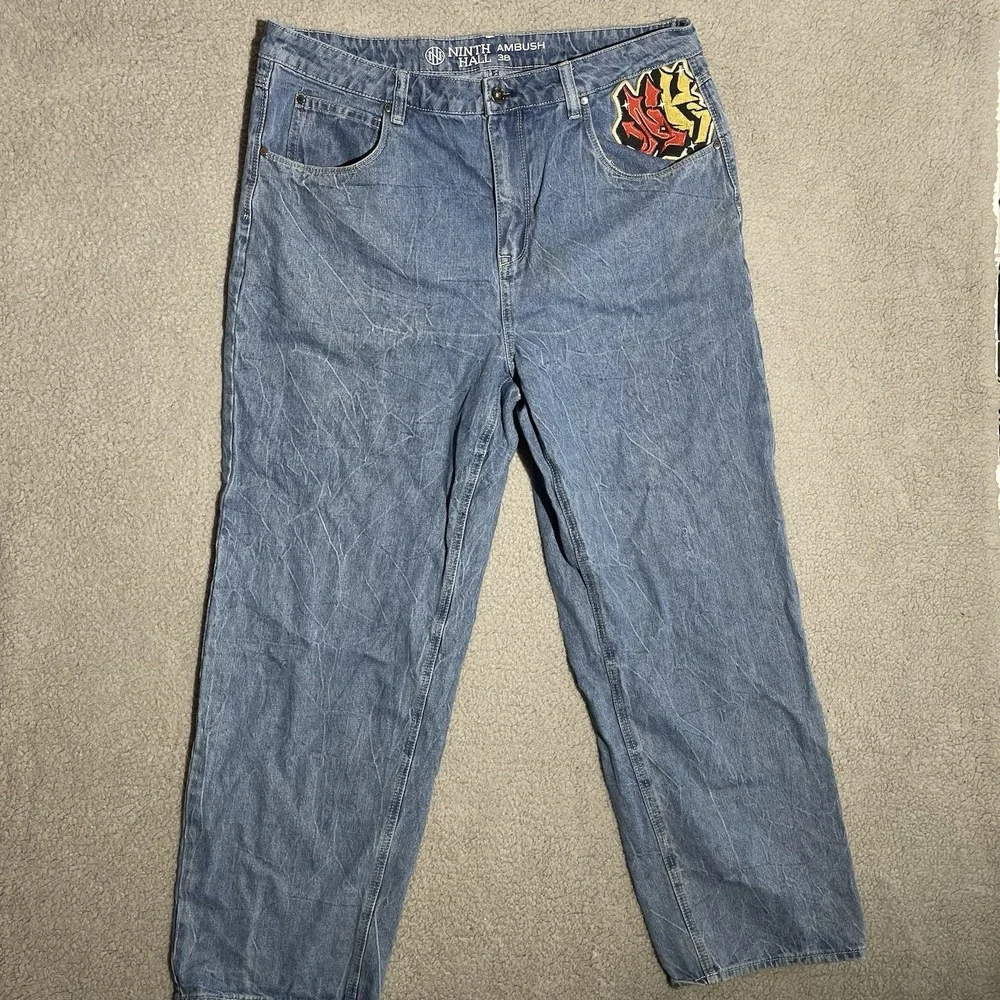 Y2K Ninth Hall Ambush Jeans Mens 38x30 Blue Denim Dragon Baggy Wide Leg Skater